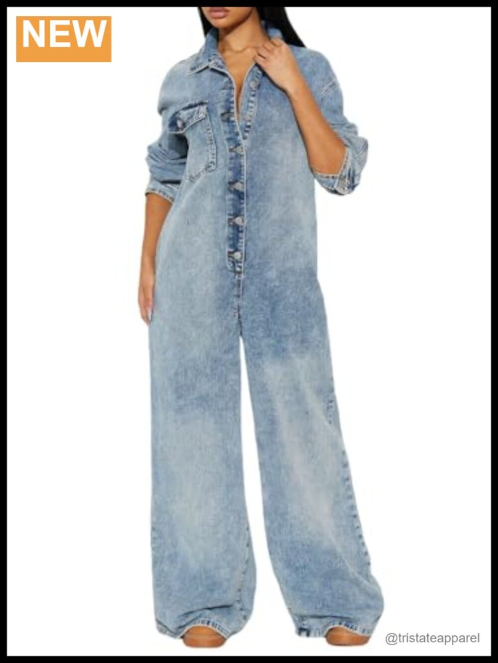 Womens Denim Jumpsuit Lapel Long Sleeve Wide Leg One Piece Pants